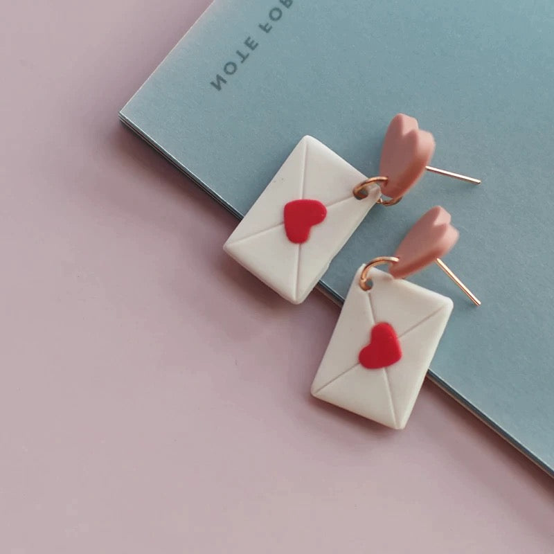 Polymer Clay Heart Earring, Valentine’s Envelope Earrings for Her, Stud Dangle Heart Earrings, Valentines Gift for her