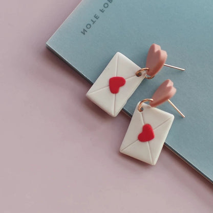 Polymer Clay Heart Earring, Valentine’s Envelope Earrings for Her, Stud Dangle Heart Earrings, Valentines Gift for her