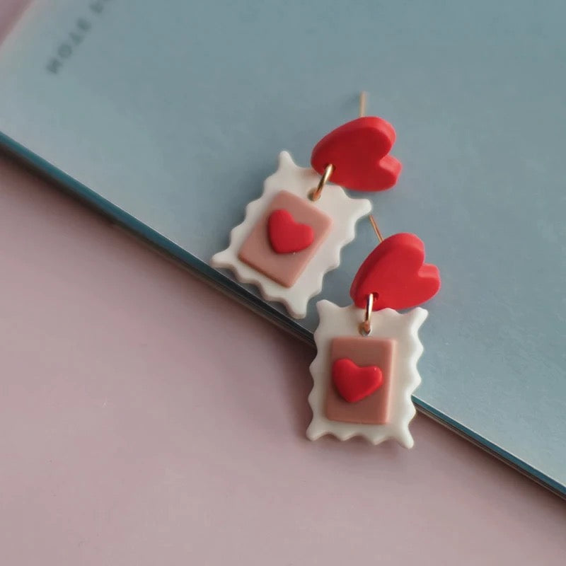 Polymer Clay Heart Earring, Valentine’s Envelope Earrings for Her, Stud Dangle Heart Earrings, Valentines Gift for her