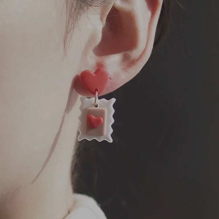 Polymer Clay Heart Earring, Valentine’s Envelope Earrings for Her, Stud Dangle Heart Earrings, Valentines Gift for her