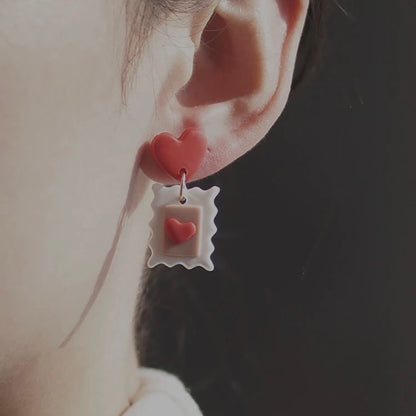 Polymer Clay Heart Earring, Valentine’s Envelope Earrings for Her, Stud Dangle Heart Earrings, Valentines Gift for her