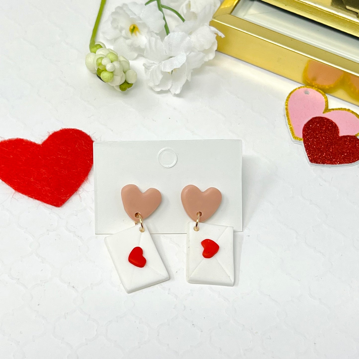 Polymer Clay Heart Earring, Valentine’s Envelope Earrings for Her, Stud Dangle Heart Earrings, Valentines Gift for her