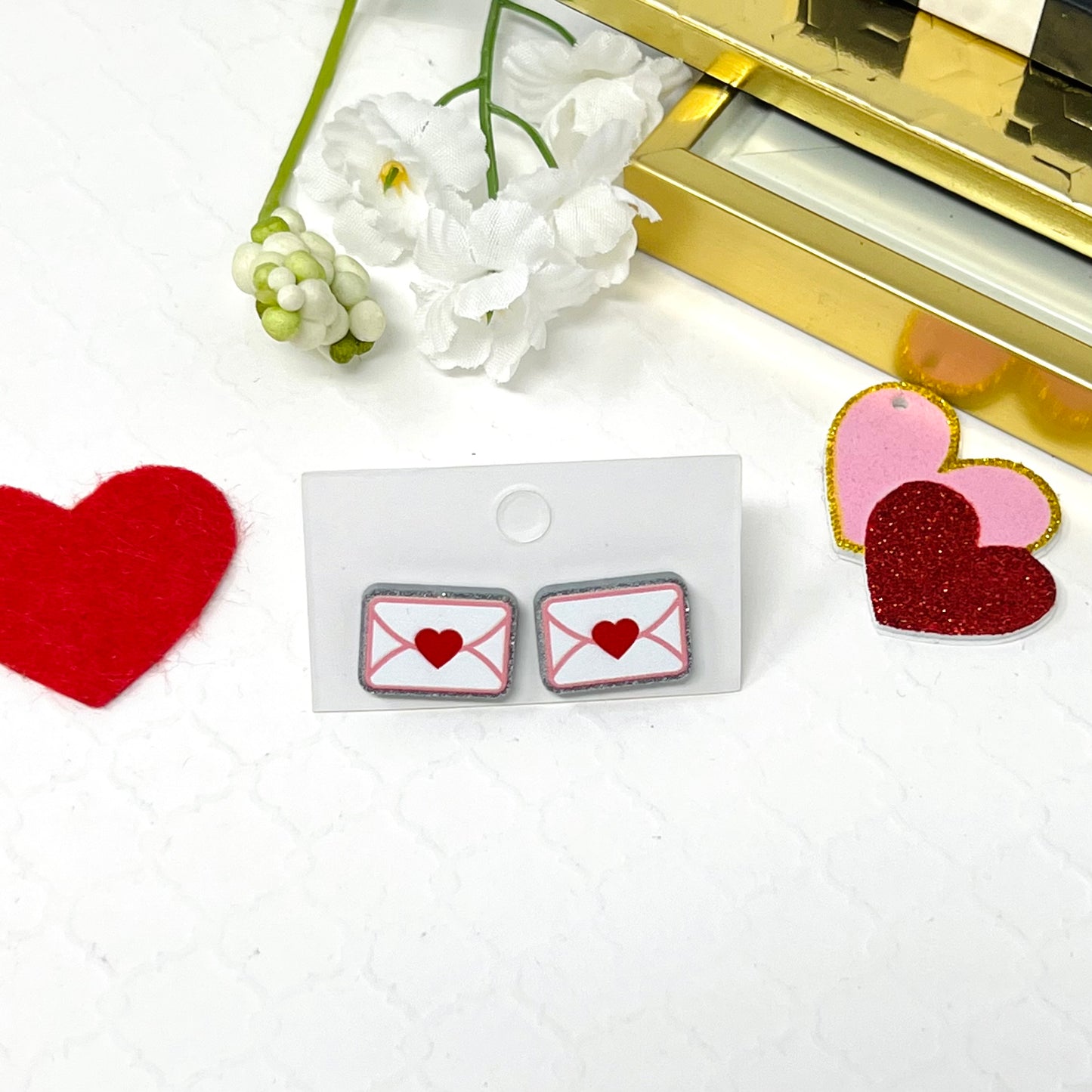 Polymer Clay Heart Earring, Valentine’s Envelope Earrings for Her, Stud Dangle Heart Earrings, Valentines Gift for her