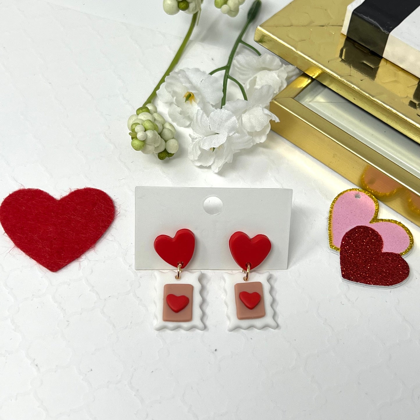 Polymer Clay Heart Earring, Valentine’s Envelope Earrings for Her, Stud Dangle Heart Earrings, Valentines Gift for her
