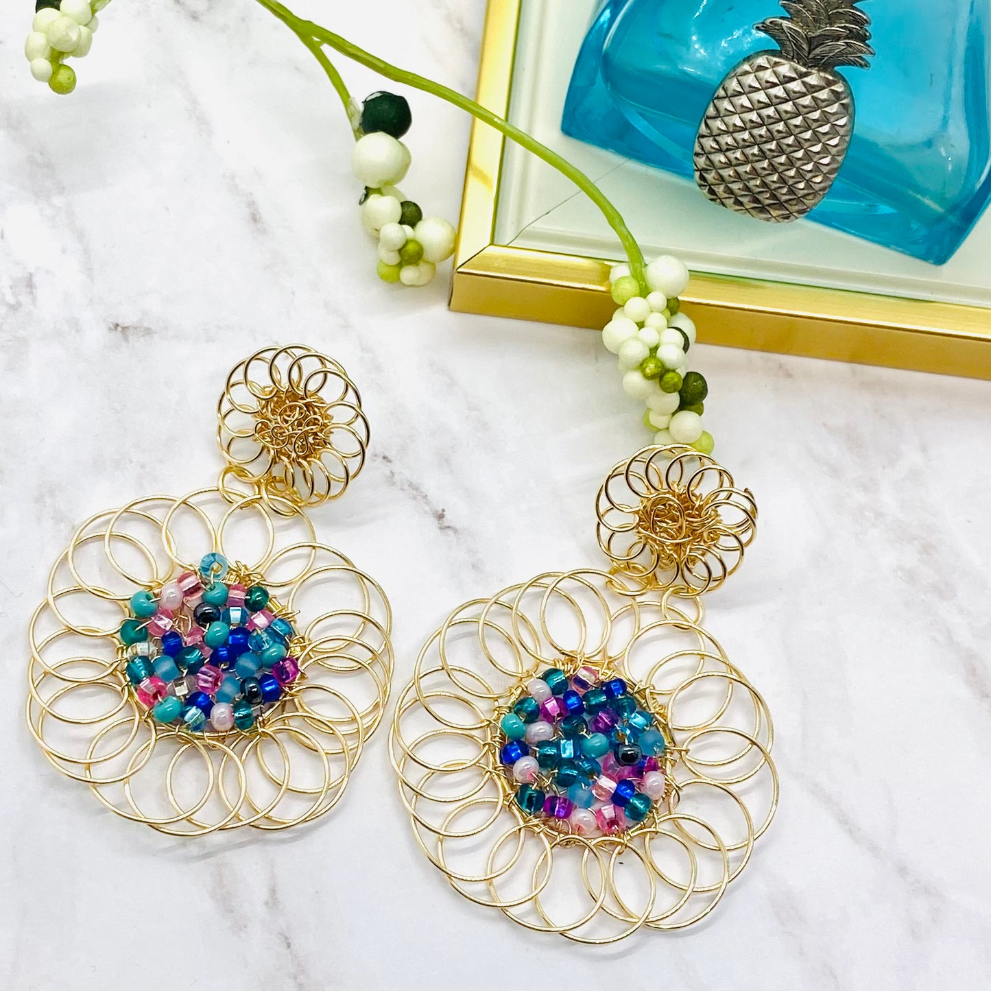 Golden Flower And Bead Earrings, Handmade Gold Plated Wire Earrings