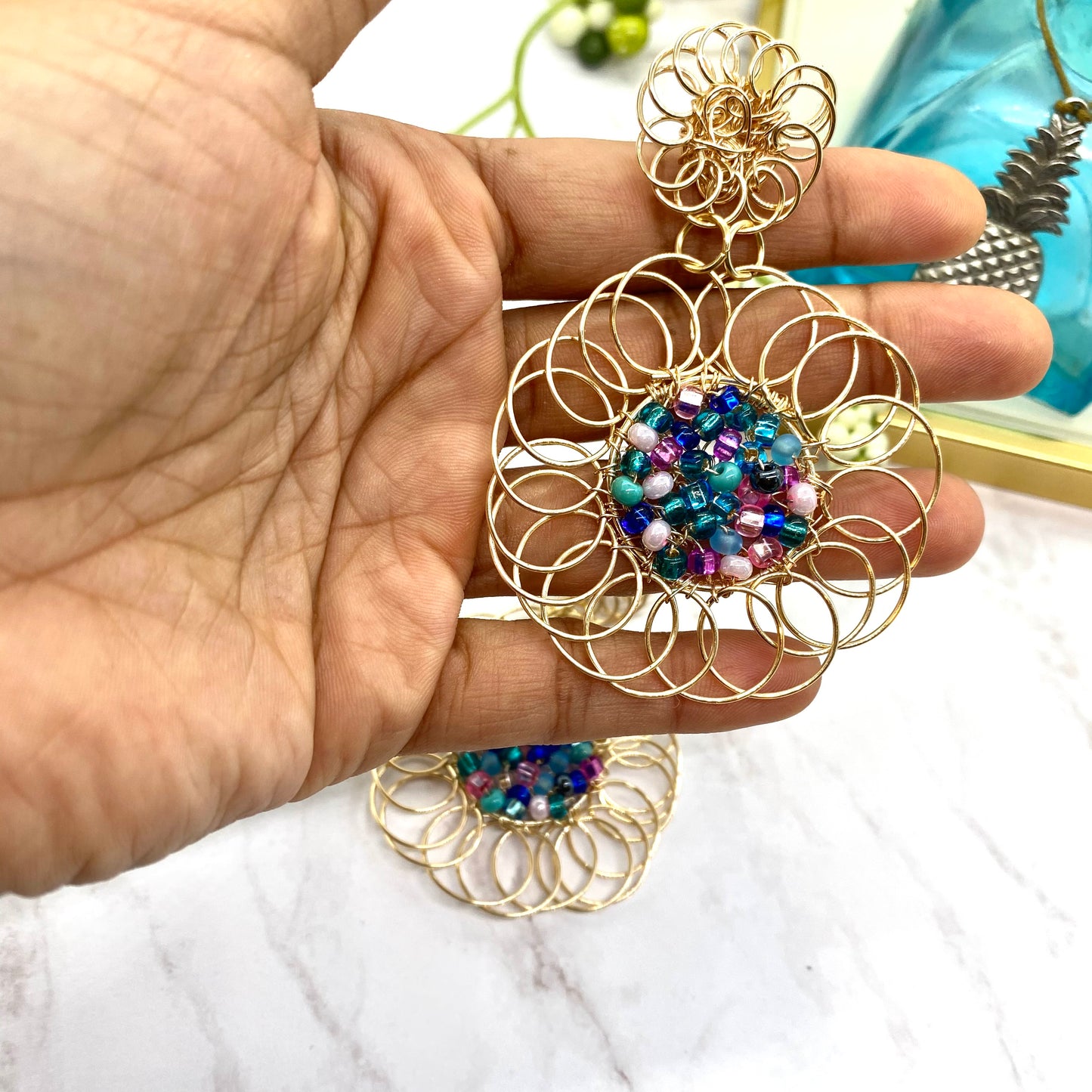 Golden Flower And Bead Earrings, Handmade Gold Plated Wire Earrings