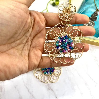 Golden Flower And Bead Earrings, Handmade Gold Plated Wire Earrings