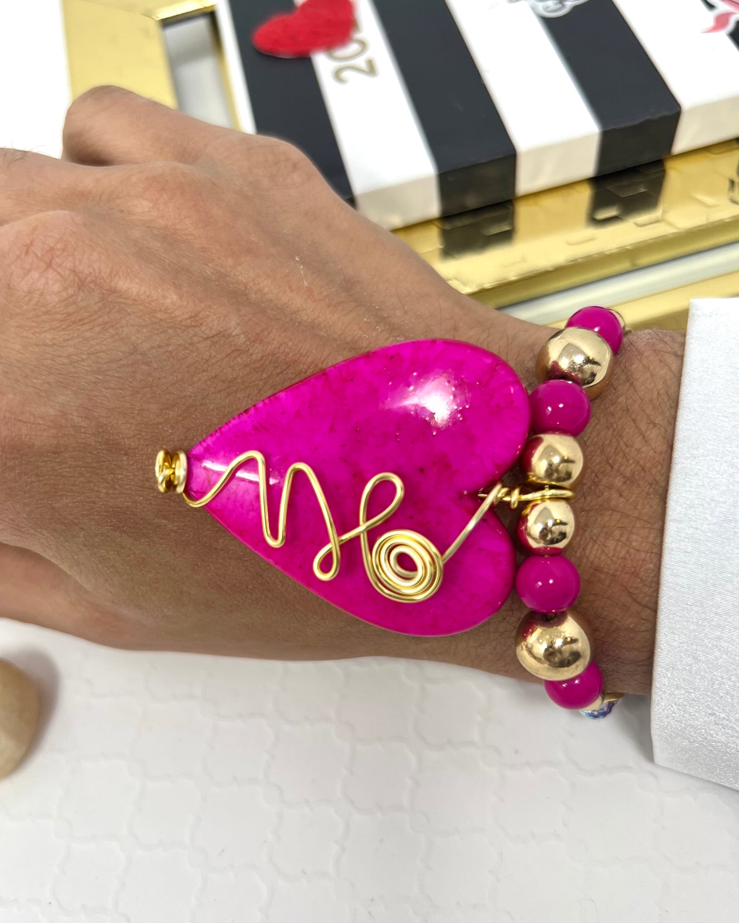 Pink heart bracelet for women with gold hematites beads woven macrame