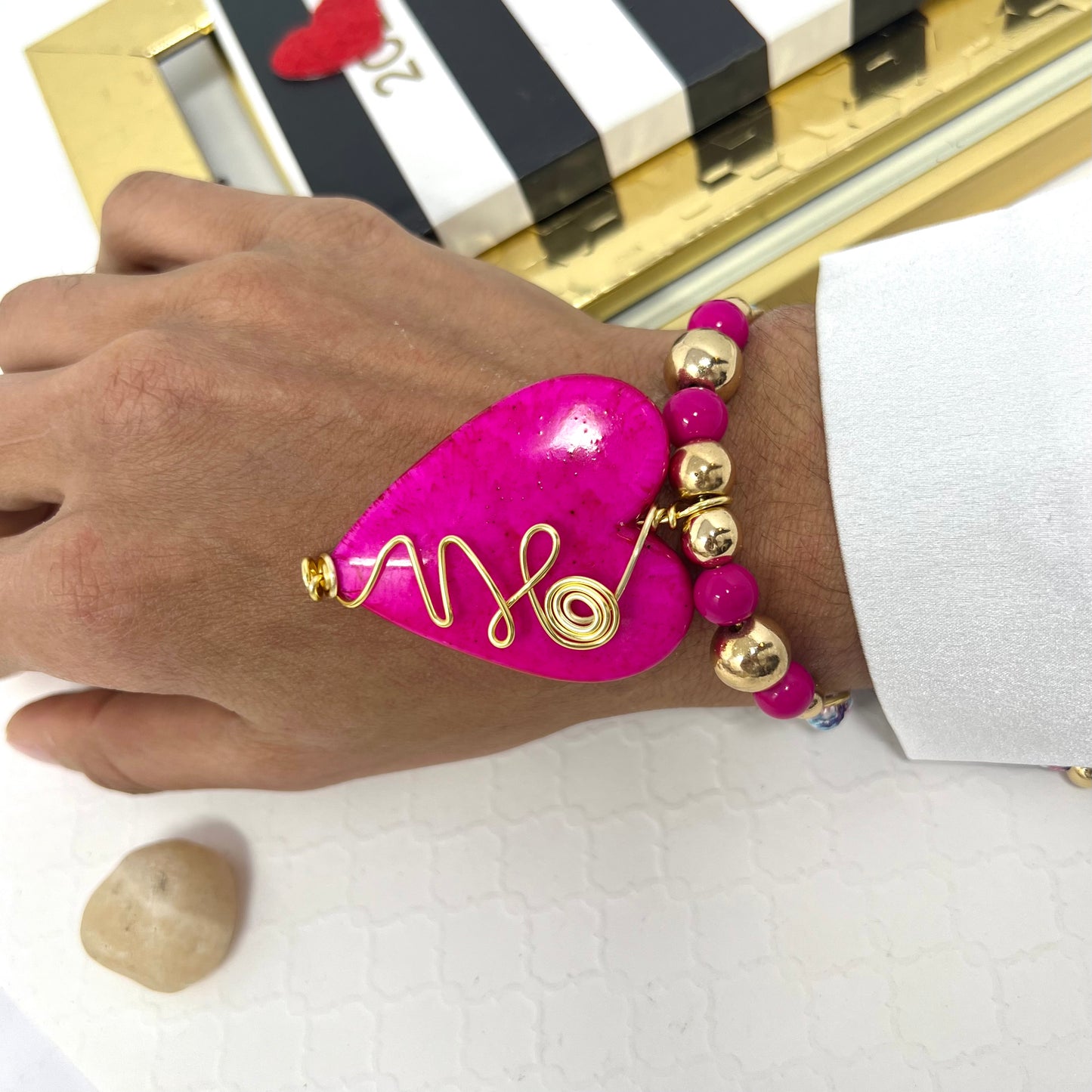 Pink heart bracelet for women with gold hematites beads woven macrame