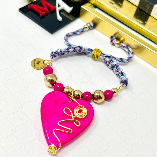 Pink heart bracelet for women with gold hematites beads woven macrame