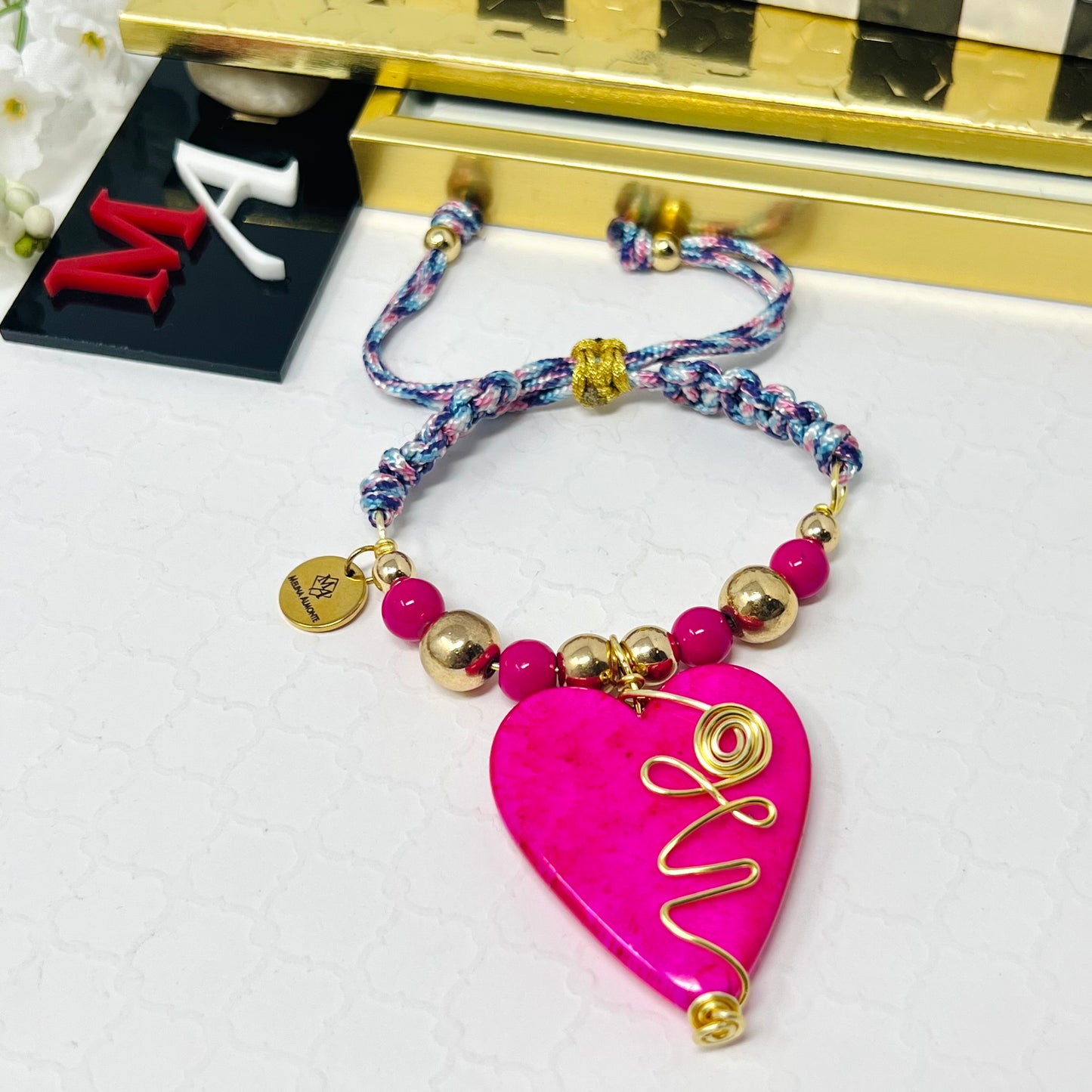 Pink heart bracelet for women with gold hematites beads woven macrame