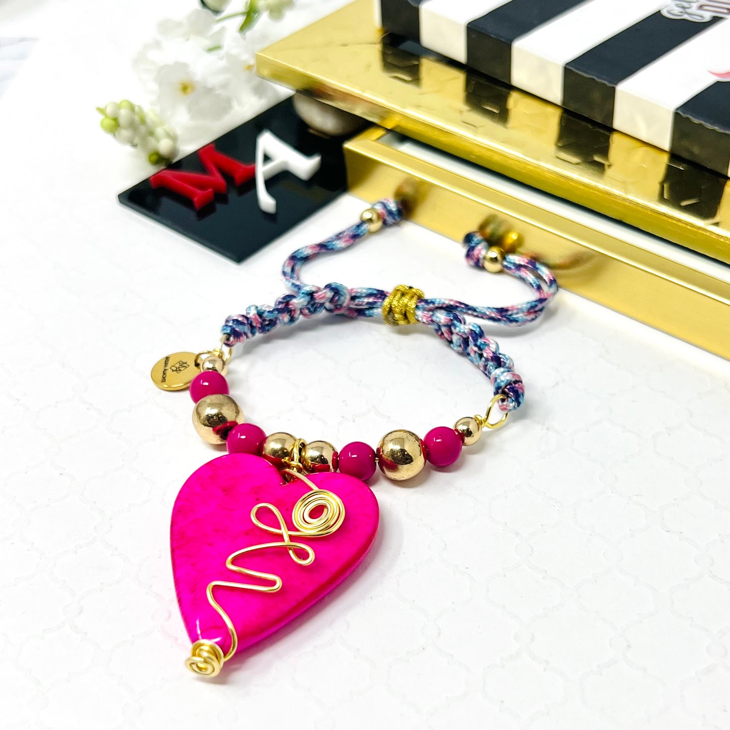 Pink heart bracelet for women with gold hematites beads woven macrame