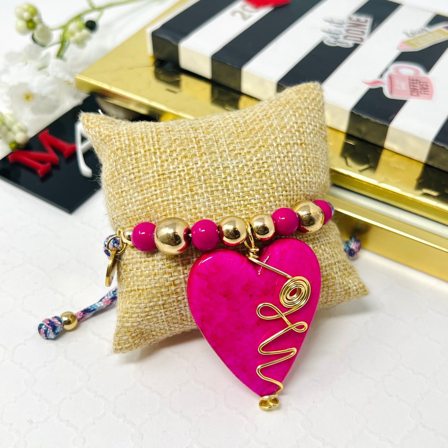 Pink heart bracelet for women with gold hematites beads woven macrame