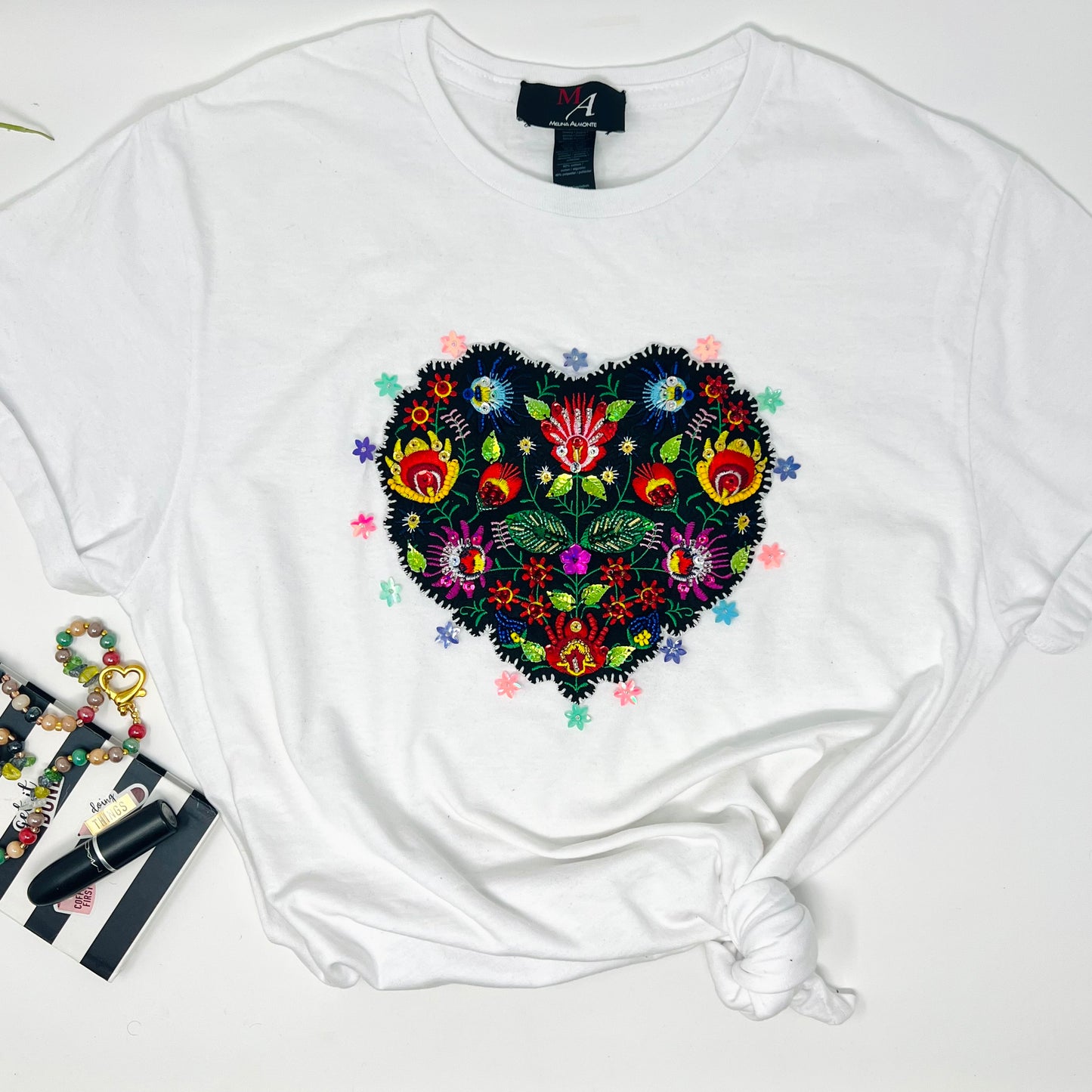 Embroidered Heart Flower Tshirt, Hand Embroidered Applique Tshirt For Women, Mexican Design Tshirt, Funny Summer Tshirt