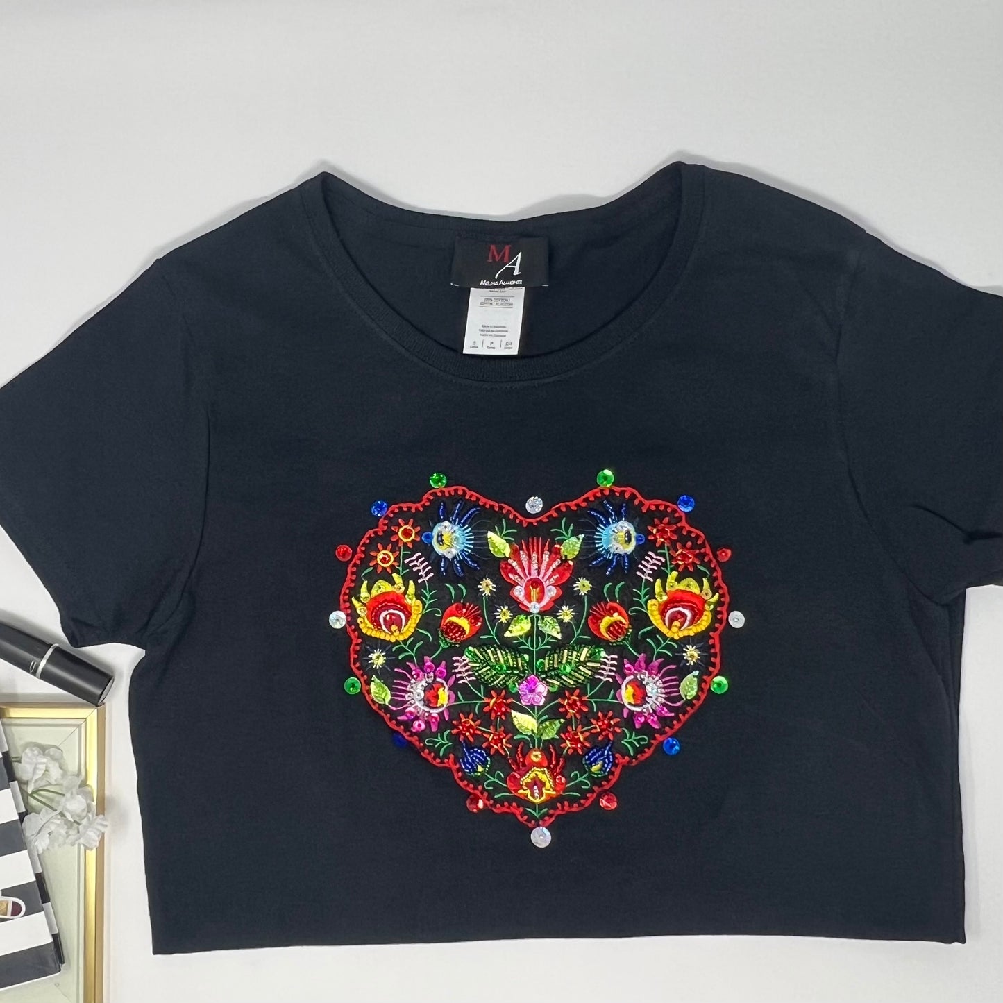 Embroidered Heart Flower Tshirt, Hand Embroidered Applique Tshirt For Women, Mexican Design Tshirt, Funny Summer Tshirt
