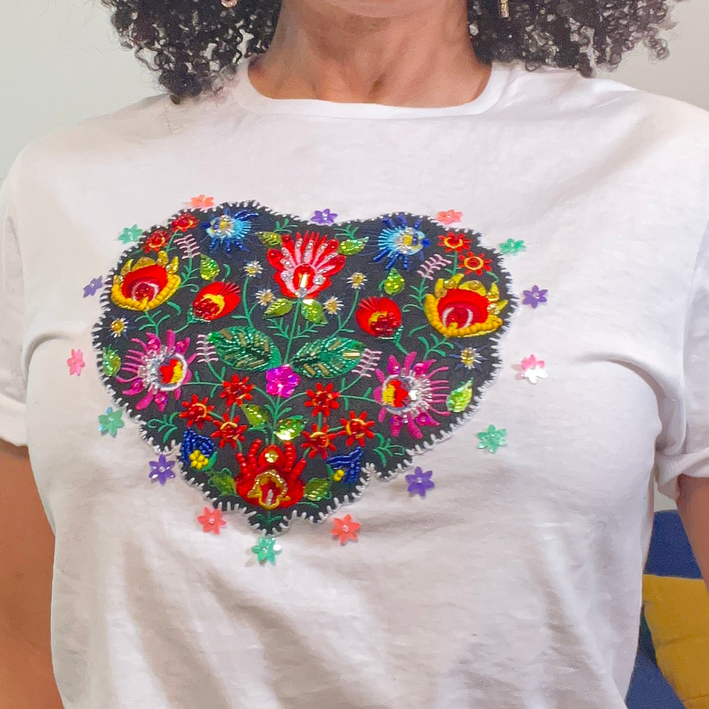 Embroidered Heart Flower Tshirt, Hand Embroidered Applique Tshirt For Women, Mexican Design Tshirt, Funny Summer Tshirt