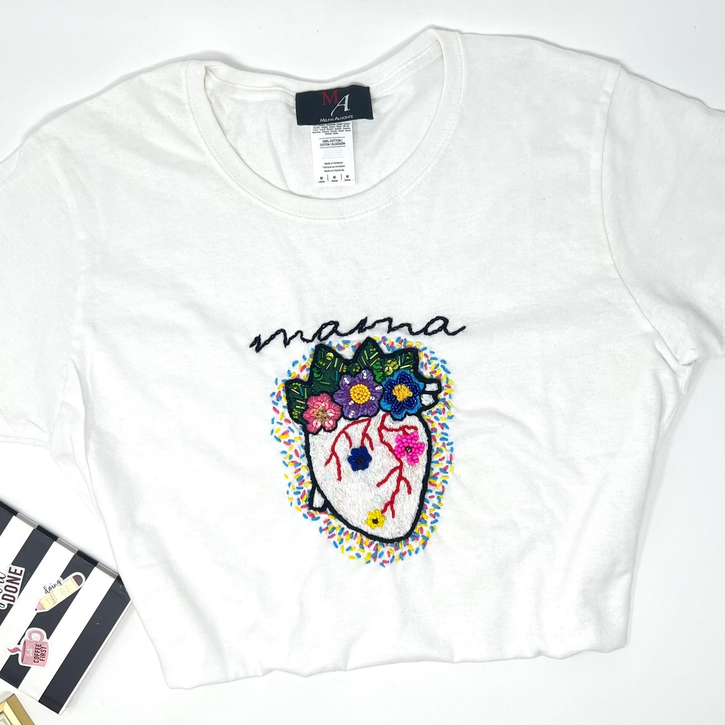 Hand embroidered Mama floral Tshirt, Hand Embroidered heart flower Tshirt For Women, Mexican blouse Design Tshirt, Funny mom shirt, summer