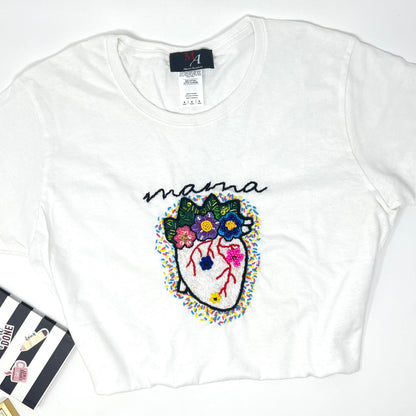 Hand embroidered Mama floral Tshirt, Hand Embroidered heart flower Tshirt For Women, Mexican blouse Design Tshirt, Funny mom shirt, summer