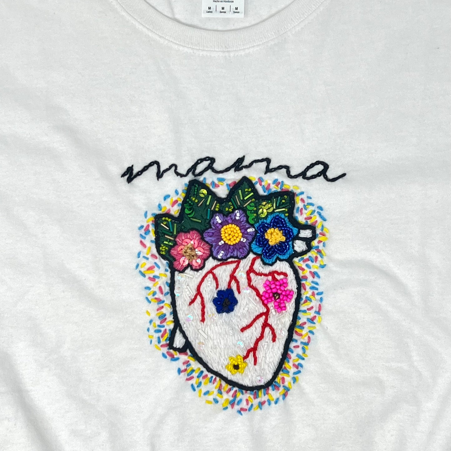 Hand embroidered Mama floral Tshirt, Hand Embroidered heart flower Tshirt For Women, Mexican blouse Design Tshirt, Funny mom shirt, summer