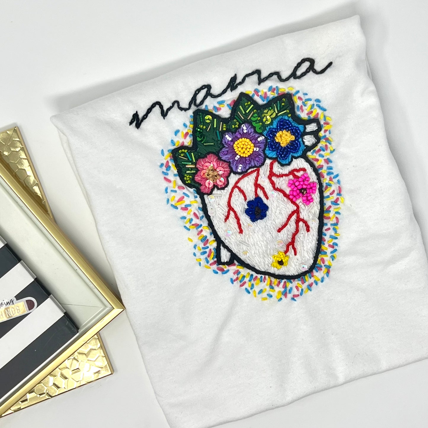 Hand embroidered Mama floral Tshirt, Hand Embroidered heart flower Tshirt For Women, Mexican blouse Design Tshirt, Funny mom shirt, summer