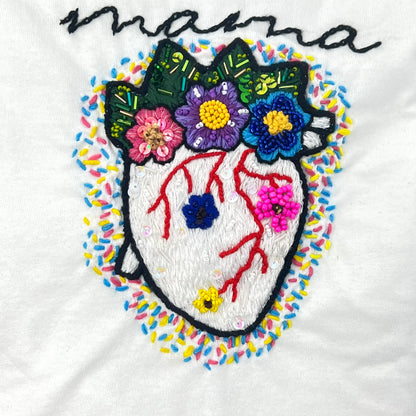 Hand embroidered Mama floral Tshirt, Hand Embroidered heart flower Tshirt For Women, Mexican blouse Design Tshirt, Funny mom shirt, summer
