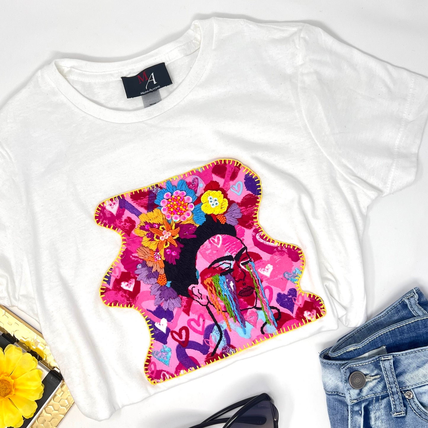 Embroidered Frida kahlo Flower Tshirt, Hand Embroidered blouse, Clothing For Women, Floral shirt, Mexican Design Tshirt, Funny Summer Tshirt