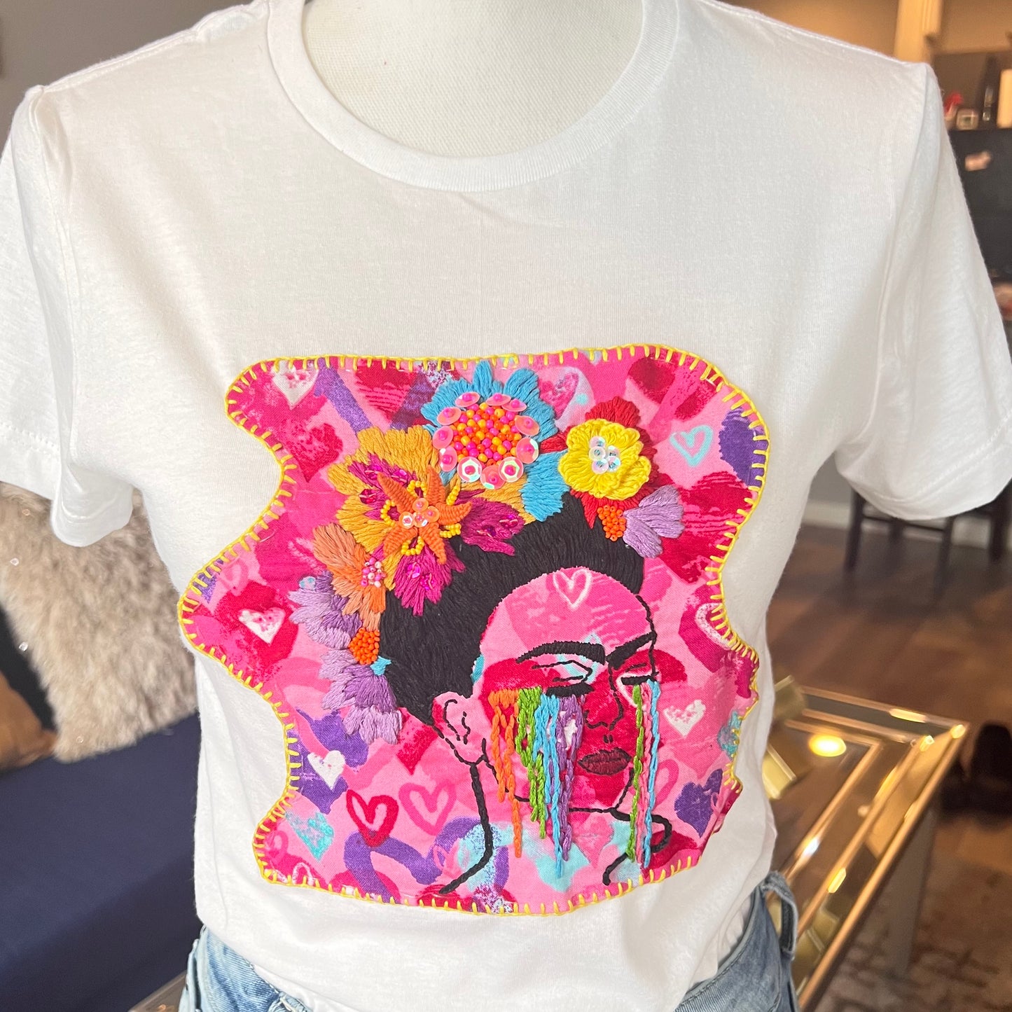 Embroidered Frida kahlo Flower Tshirt, Hand Embroidered blouse, Clothing For Women, Floral shirt, Mexican Design Tshirt, Funny Summer Tshirt