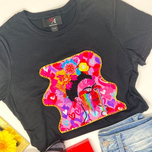 Embroidered Frida kahlo Flower Tshirt, Hand Embroidered blouse, Clothing For Women, Floral shirt, Mexican Design Tshirt, Funny Summer Tshirt