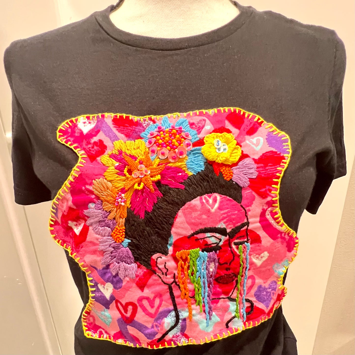 Embroidered Frida kahlo Flower Tshirt, Hand Embroidered blouse, Clothing For Women, Floral shirt, Mexican Design Tshirt, Funny Summer Tshirt