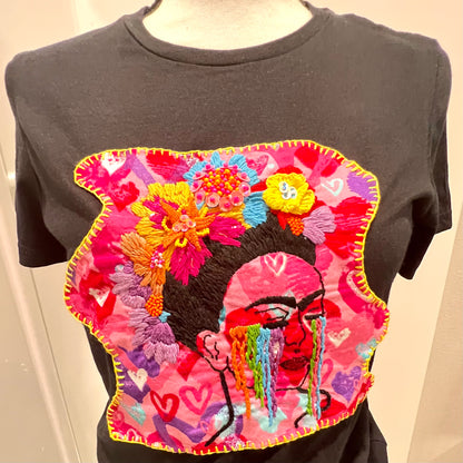 Embroidered Frida kahlo Flower Tshirt, Hand Embroidered blouse, Clothing For Women, Floral shirt, Mexican Design Tshirt, Funny Summer Tshirt