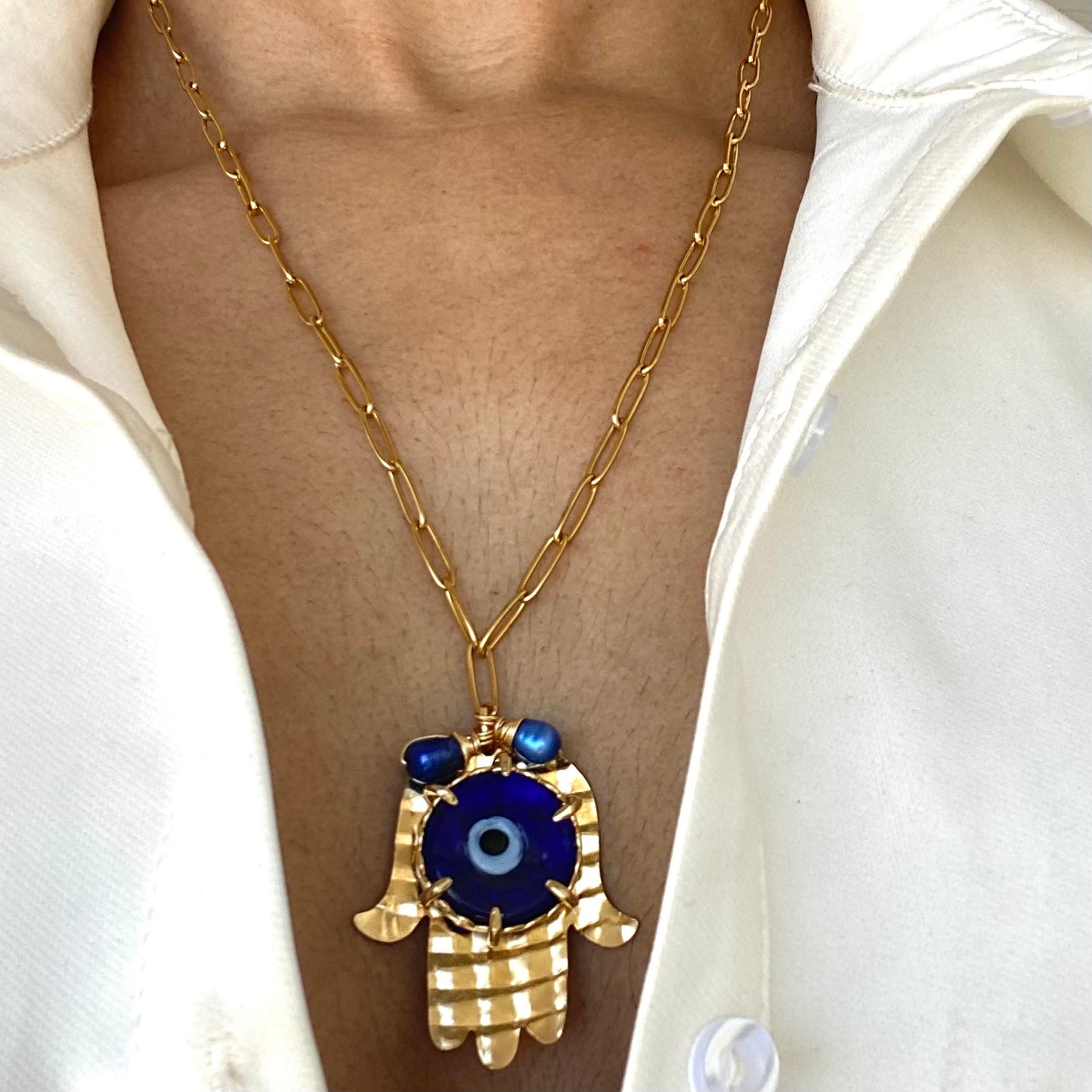 Hamsa Hand Blue Evil Eye Gold Stainless Steel Necklace