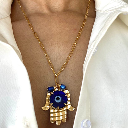 Hamsa Hand Blue Evil Eye Gold Stainless Steel Necklace