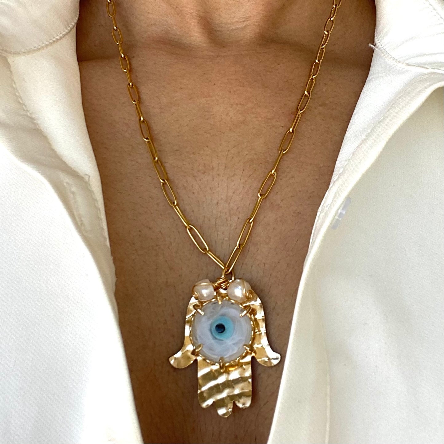Hamsa Hand Blue Evil Eye Gold Stainless Steel Necklace