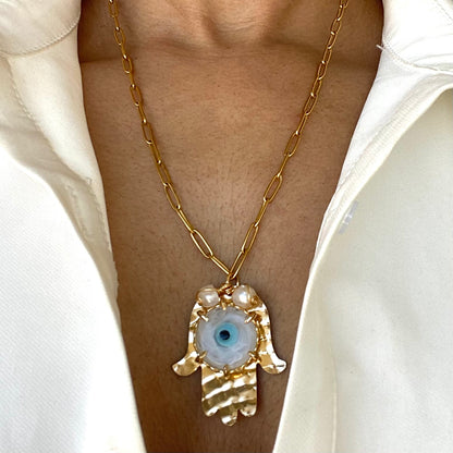 Hamsa Hand Blue Evil Eye Gold Stainless Steel Necklace
