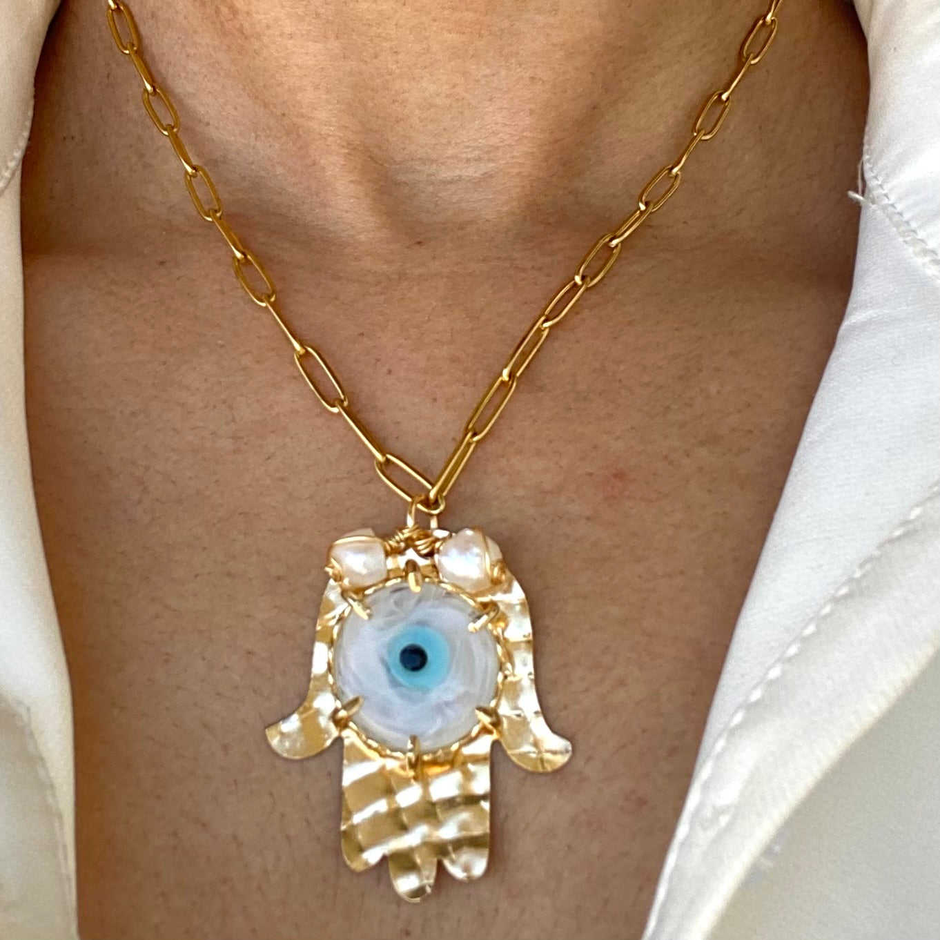 Hamsa Hand Blue Evil Eye Gold Stainless Steel Necklace
