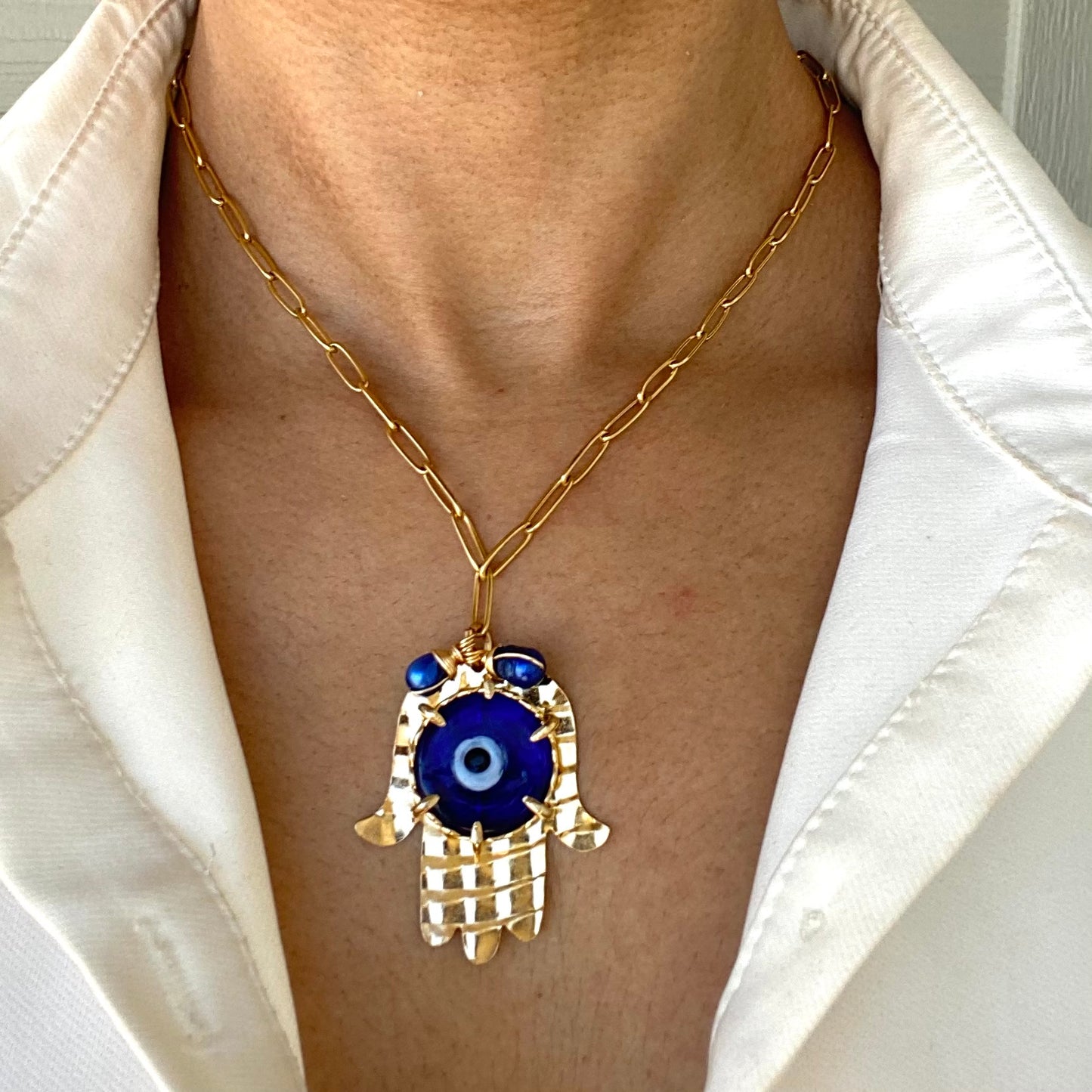 Hamsa Hand Blue Evil Eye Gold Stainless Steel Necklace