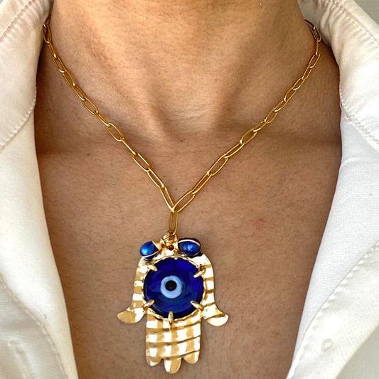 Hamsa Hand Blue Evil Eye Gold Stainless Steel Necklace