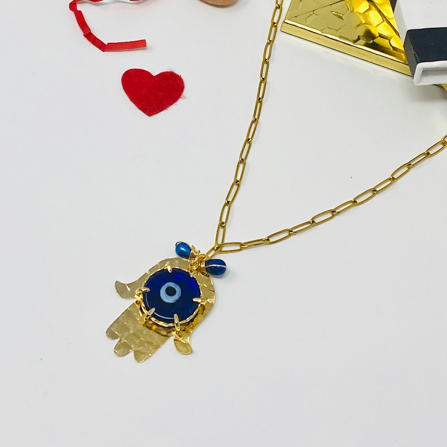 Hamsa Hand Blue Evil Eye Gold Stainless Steel Necklace