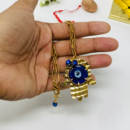 Hamsa Hand Blue Evil Eye Gold Stainless Steel Necklace