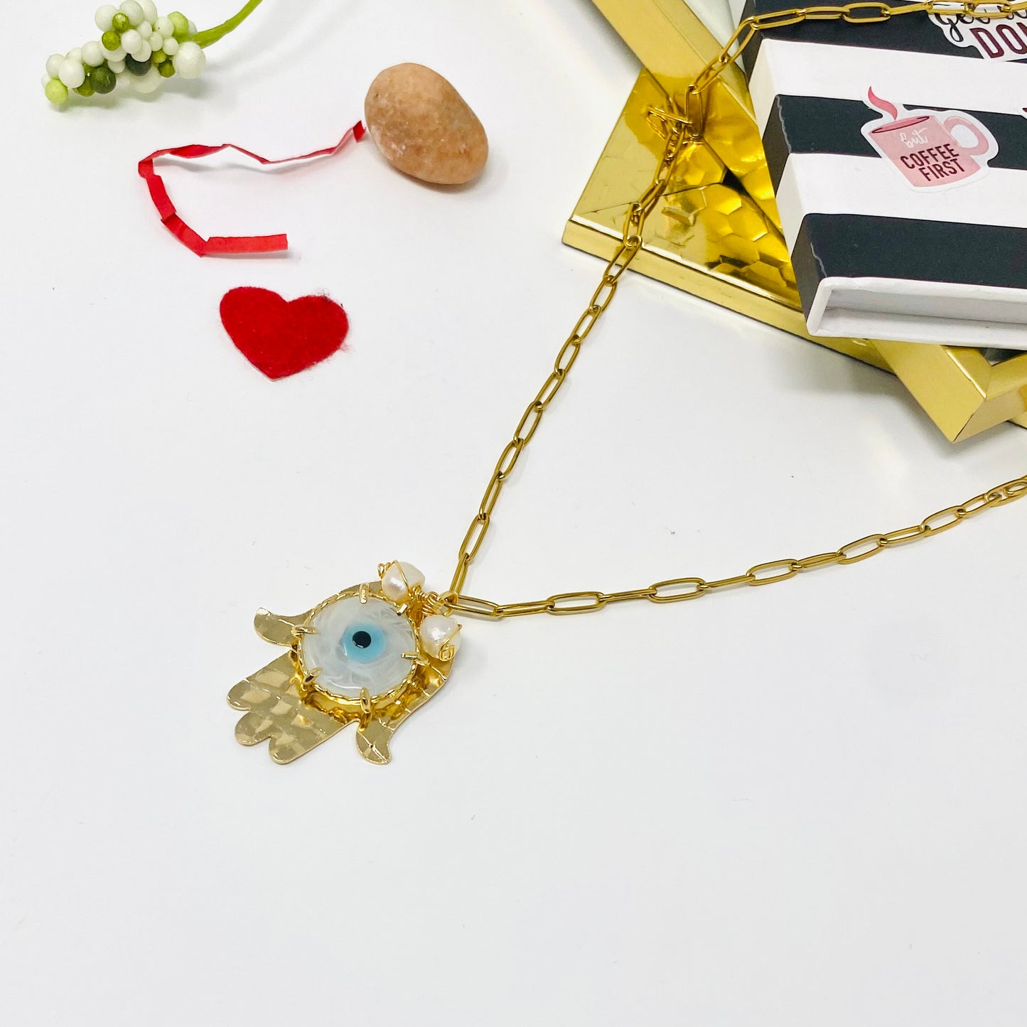 Hamsa Hand Blue Evil Eye Gold Stainless Steel Necklace