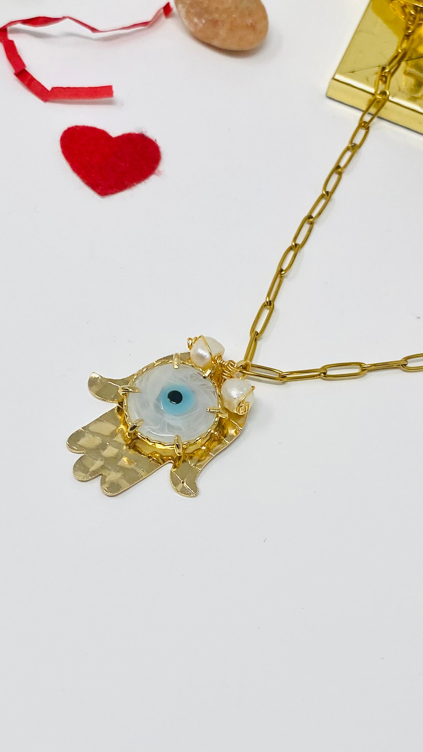 Hamsa Hand Blue Evil Eye Gold Stainless Steel Necklace
