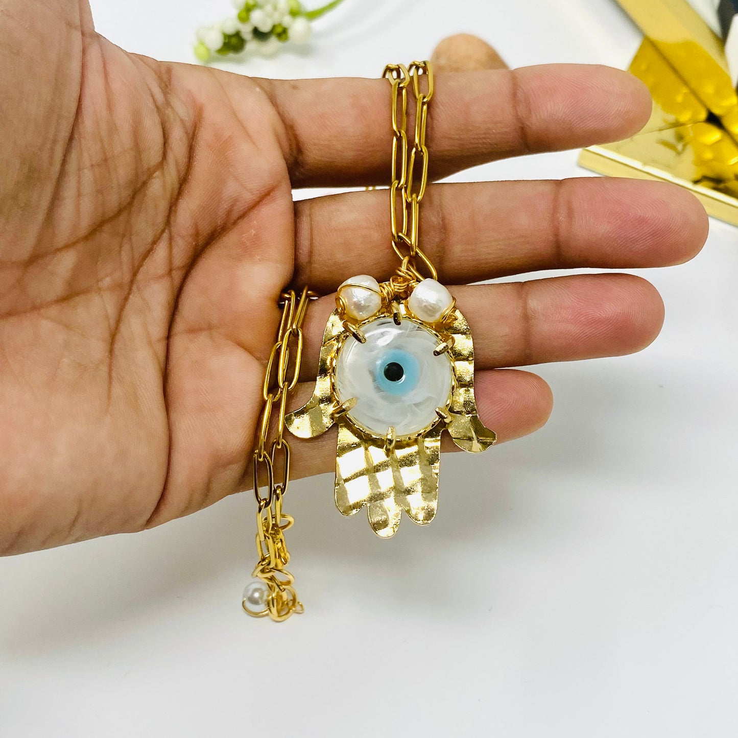 Hamsa Hand Blue Evil Eye Gold Stainless Steel Necklace