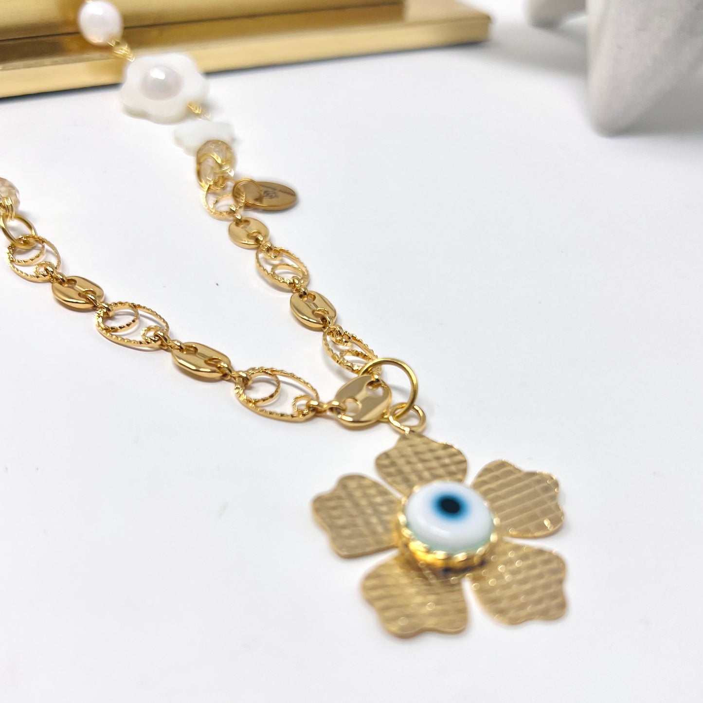 Gold plated necklace with flower evil eyes pendant, handmade gold chain necklace for women