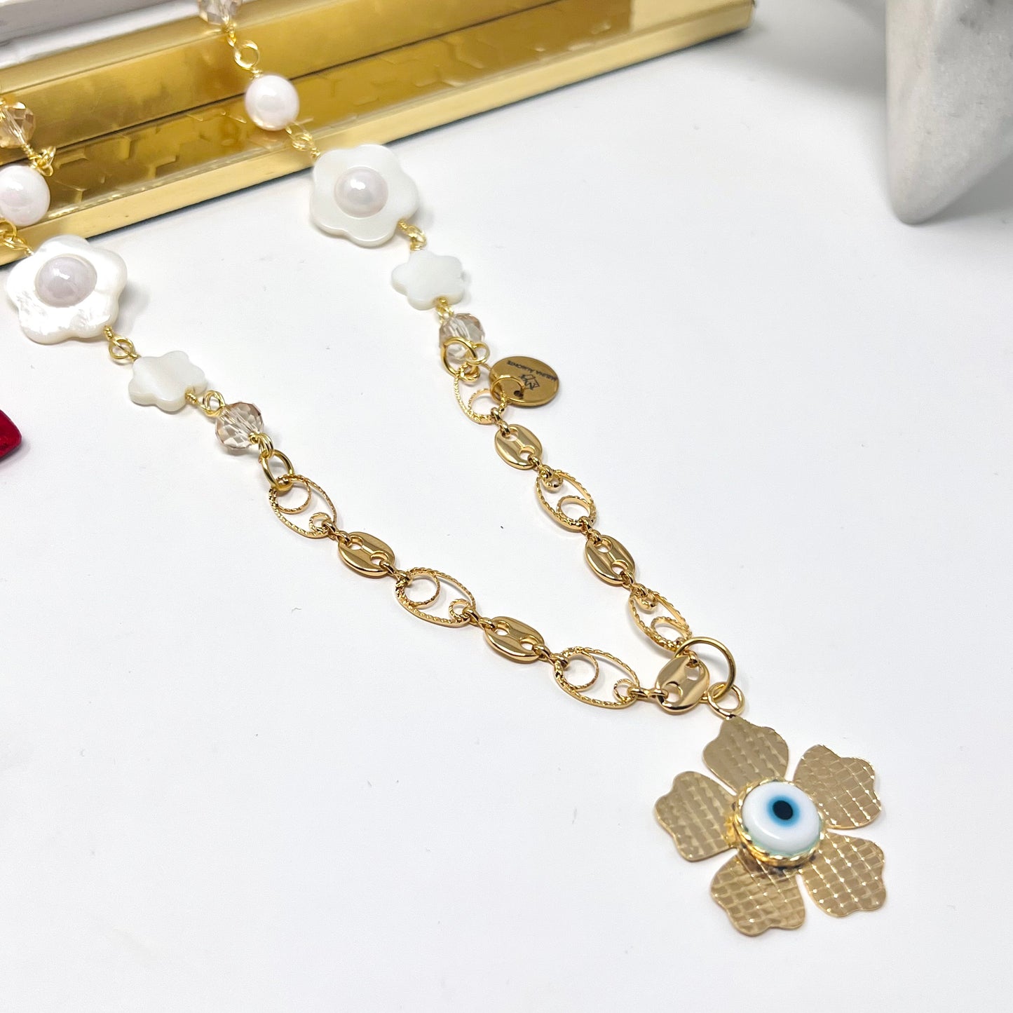 Gold plated necklace with flower evil eyes pendant, handmade gold chain necklace for women