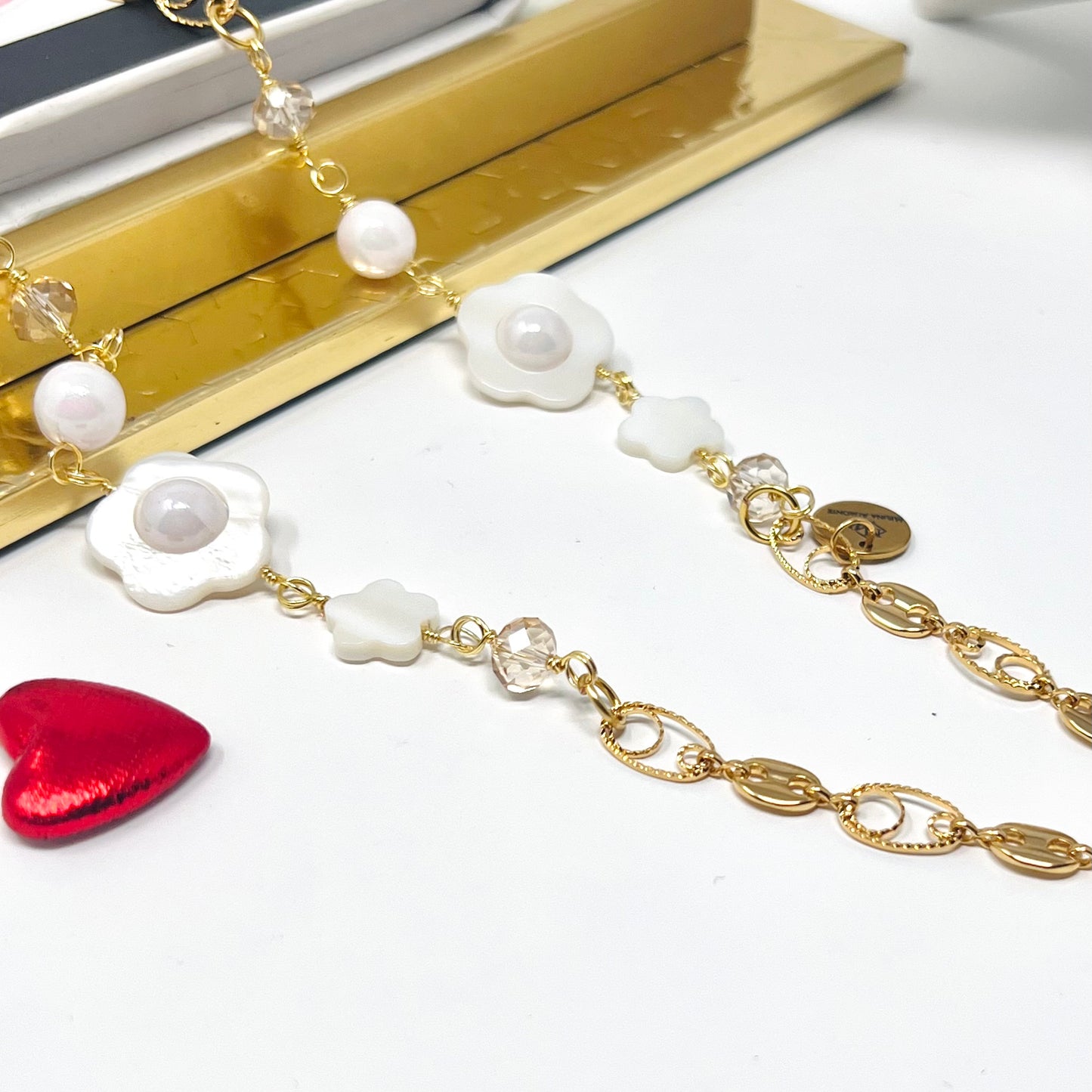 Gold plated necklace with flower evil eyes pendant, handmade gold chain necklace for women