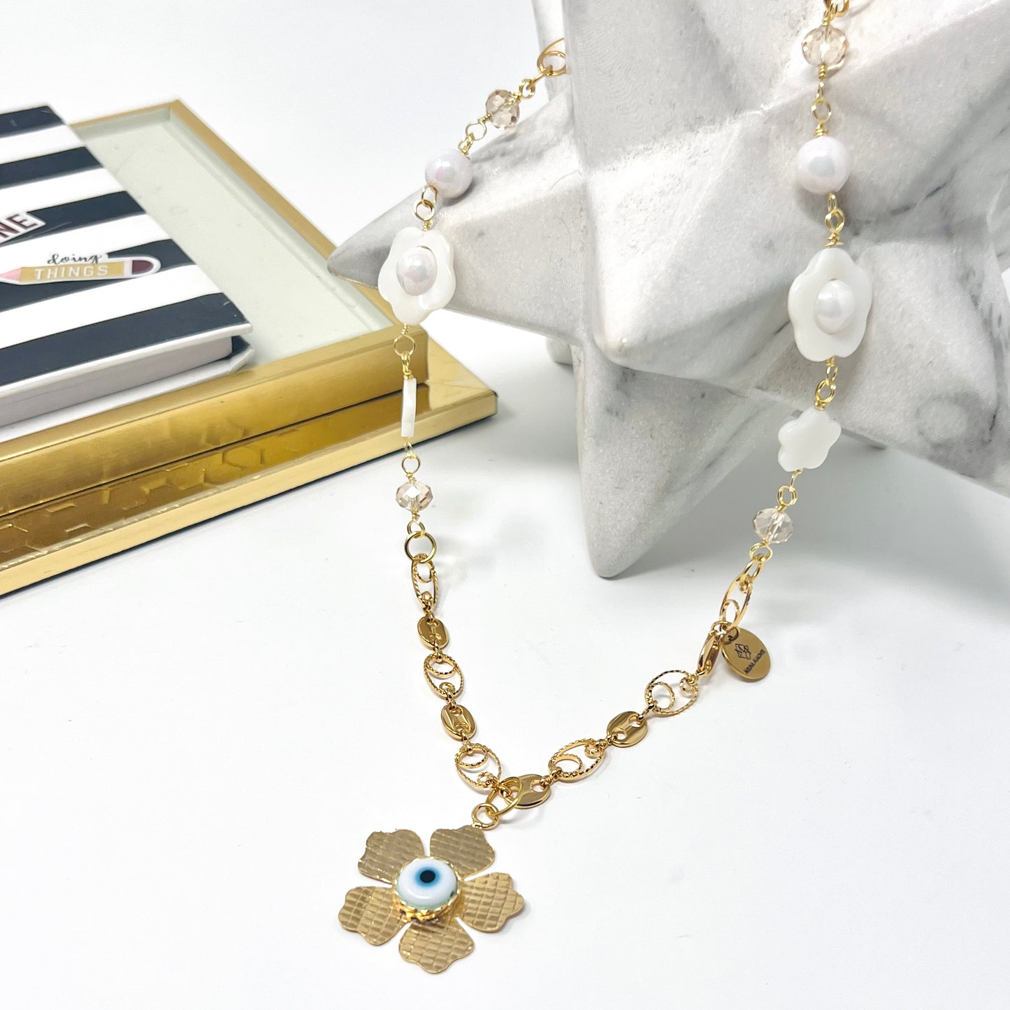 Gold plated necklace with flower evil eyes pendant, handmade gold chain necklace for women