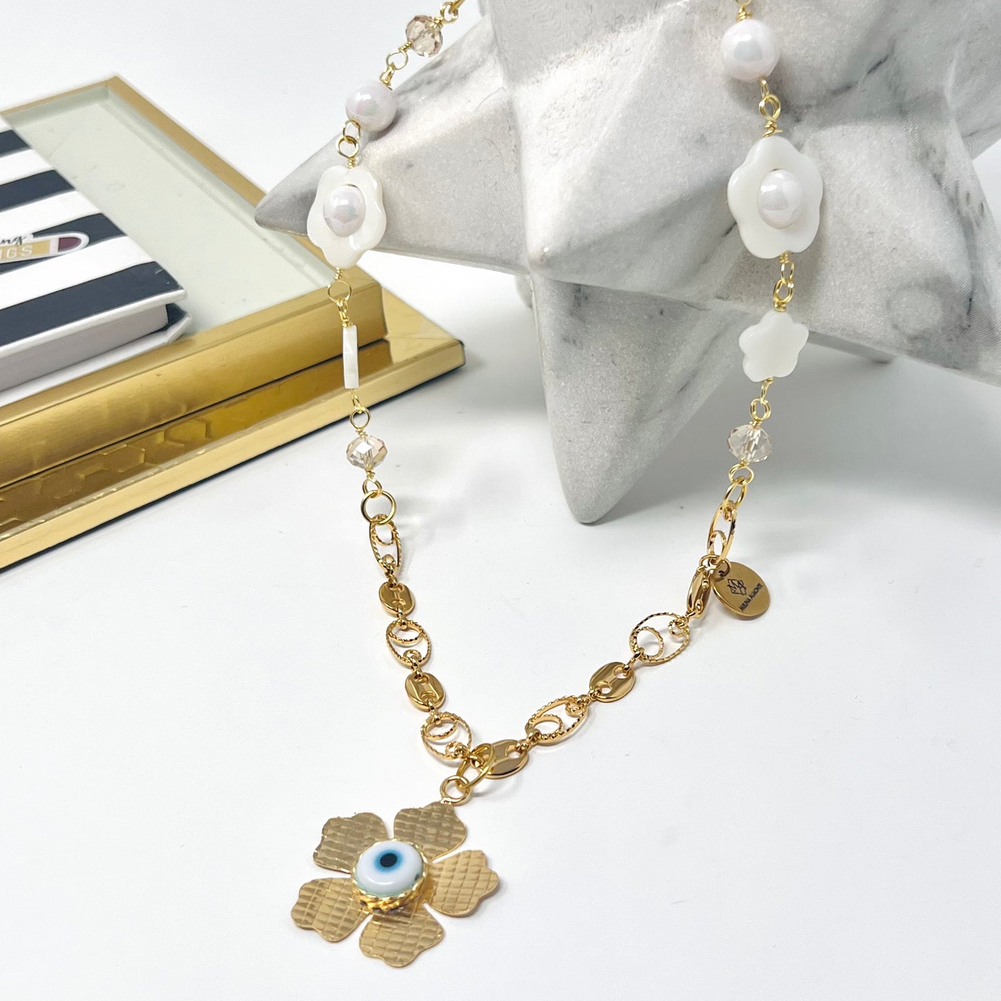 Gold plated necklace with flower evil eyes pendant, handmade gold chain necklace for women