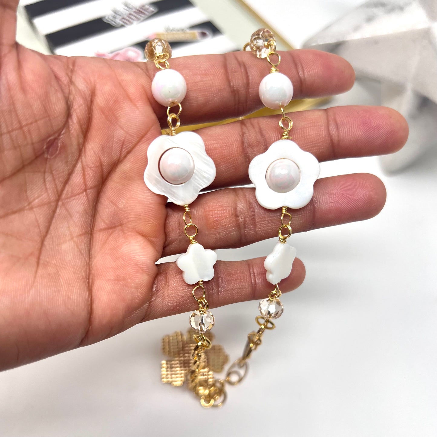 Gold plated necklace with flower evil eyes pendant, handmade gold chain necklace for women
