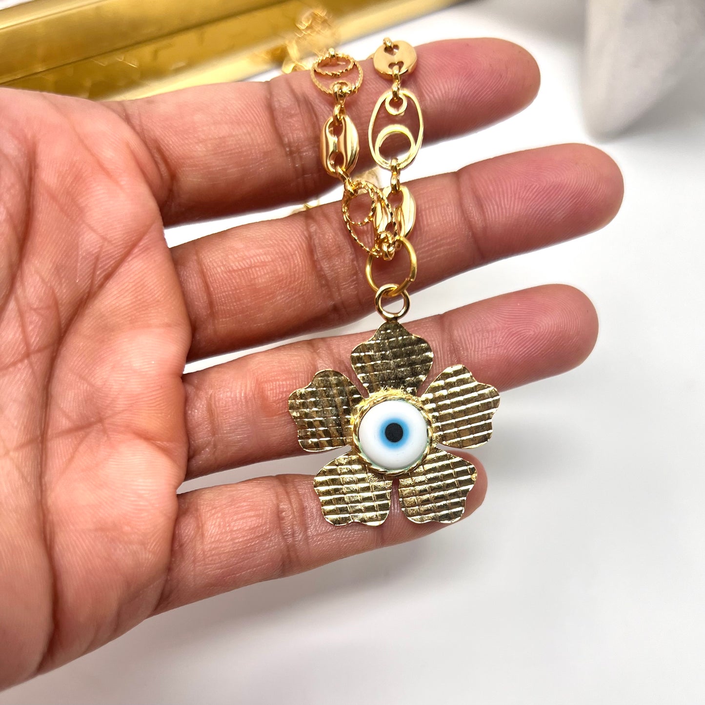 Gold plated necklace with flower evil eyes pendant, handmade gold chain necklace for women