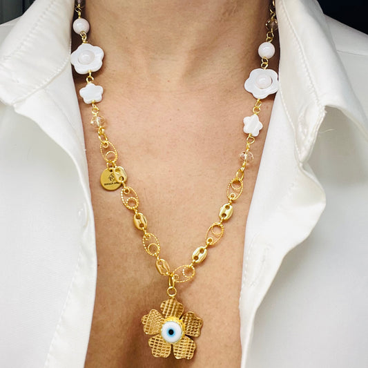 Gold plated necklace with flower evil eyes pendant, handmade gold chain necklace for women